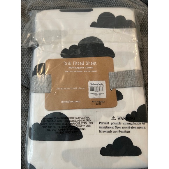 The Land of Nod Crib Fitted Sheet Clouds Organic Cotton White Black Nursery - Picture 2 of 2
